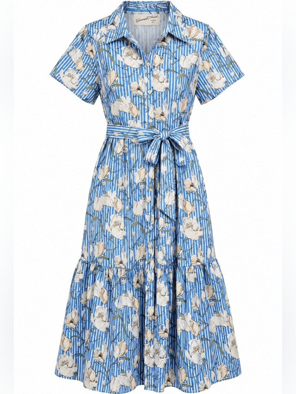 Universal Thread Blue Stripe Floral Button Front Midi Shirt Dress XL Cottagecore